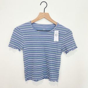 American Eagle Striped Waffle Knit Lettuce Edge Cropped Tee Baby Doll Tshirt NWT